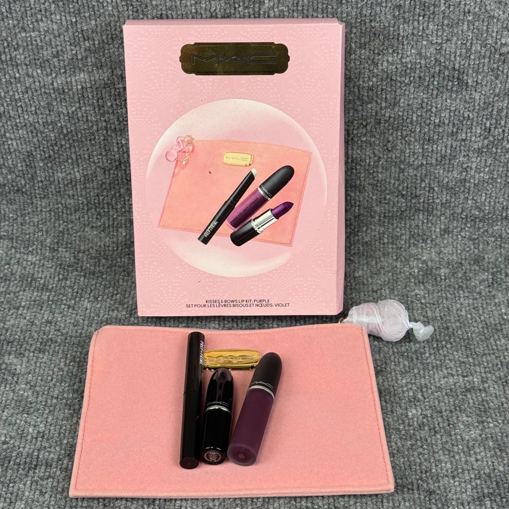 MAC Kisses & Bows Lip Kit Purple Violet Lipstick Liquid Lip Primer Pouch Set
